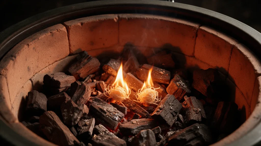 Blick in die Brennkammer eines Keramikgrills mit Holzkohle und brennenden Anzündern